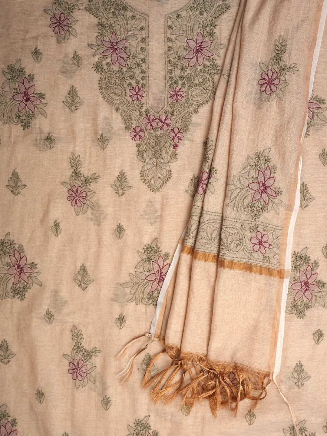 Ada Hand Embroidered Fawn Tissue Lucknowi Chikankari Unstitched Kurta Dupatta Set 01A980089