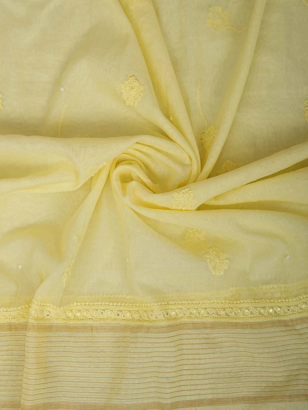 Ada Hand Embroidered Lemon Chanderi Lucknowi Chikankari Unstitched Kurta Dupatta Set With Pearl Work 01A922147