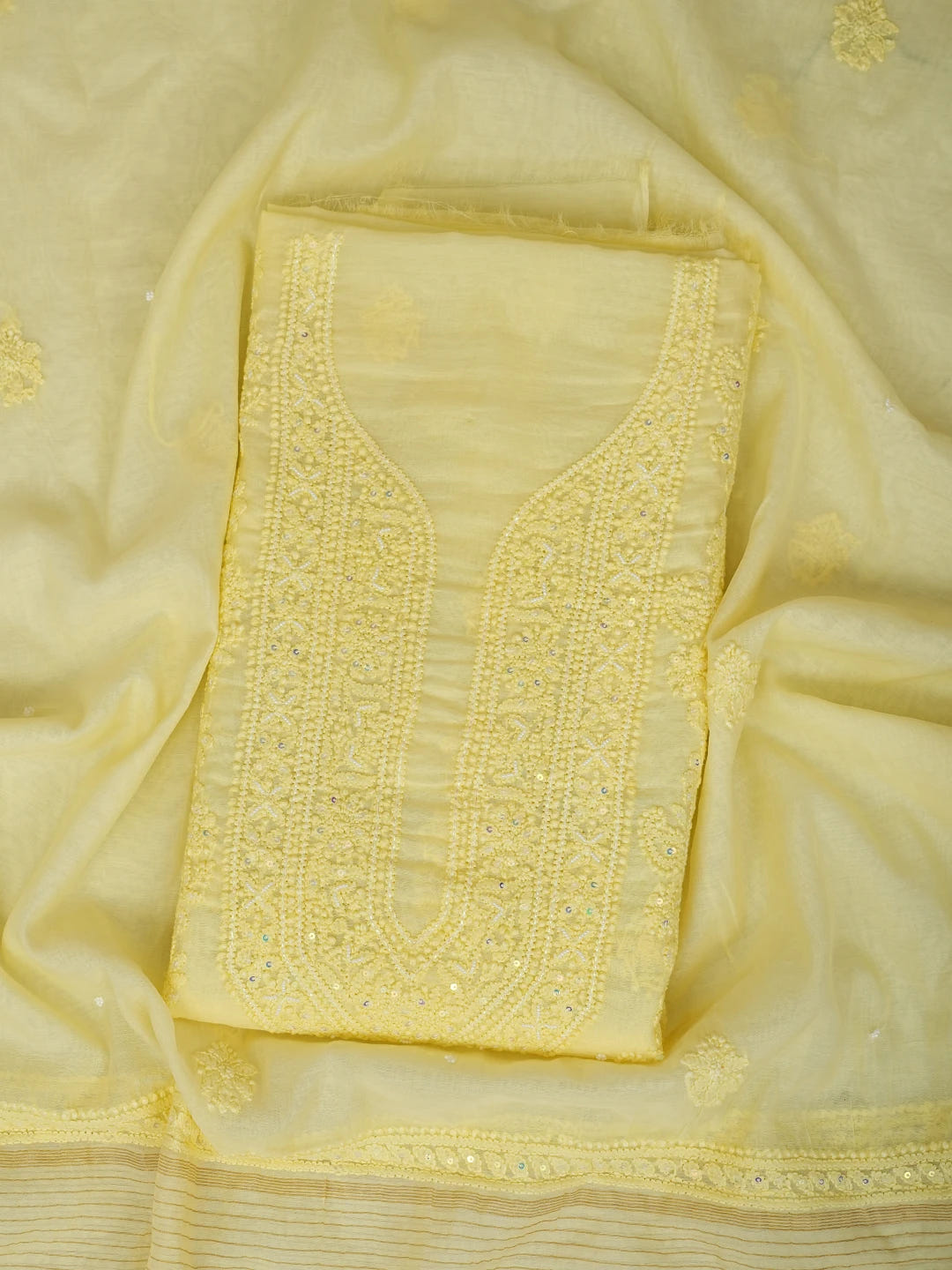 Ada Hand Embroidered Lemon Chanderi Lucknowi Chikankari Unstitched Kurta Dupatta Set With Pearl Work 01A922147