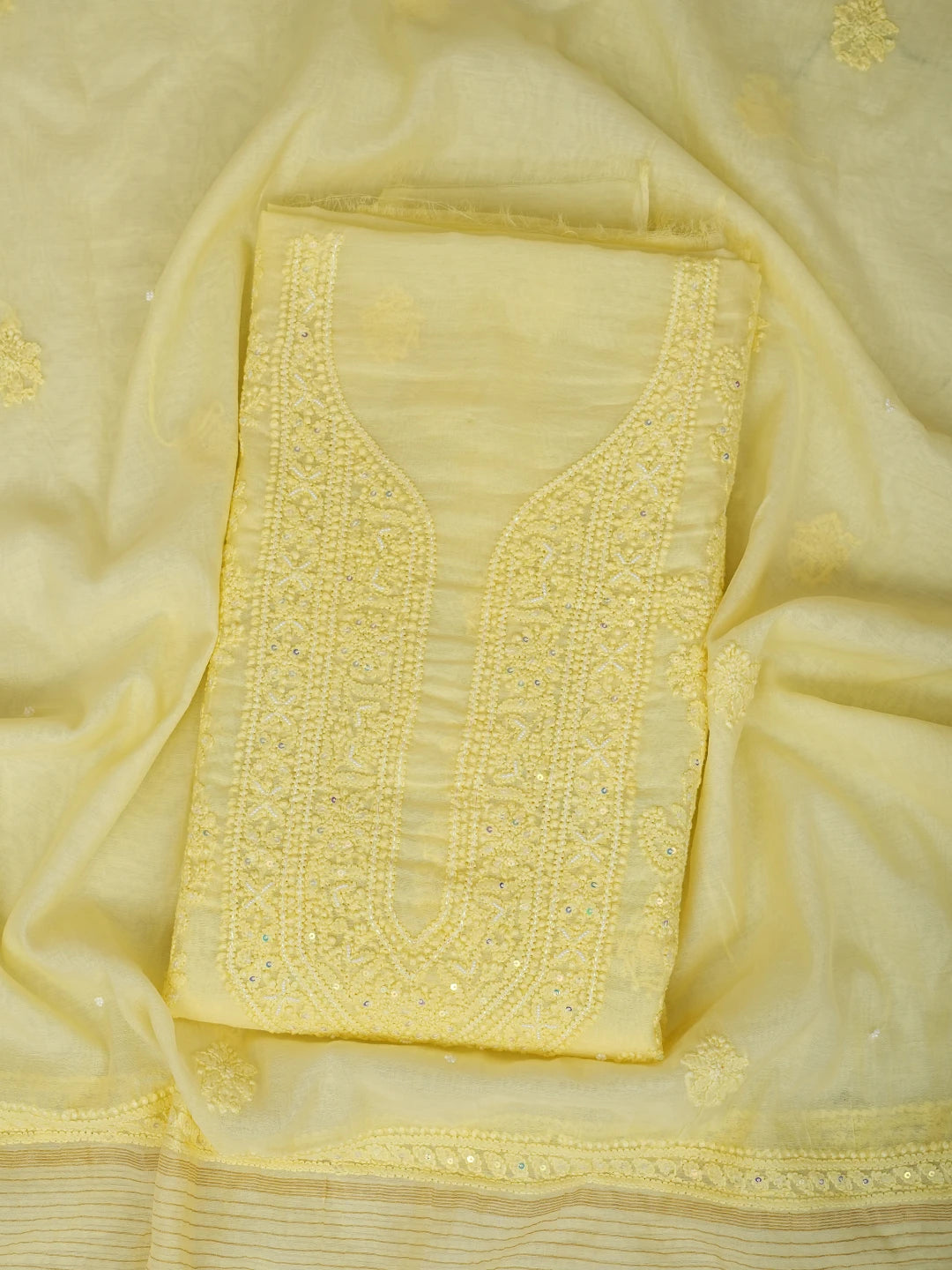 Ada Hand Embroidered Lemon Chanderi Lucknowi Chikankari Unstitched Kurta Dupatta Set With Pearl Work 01A922147