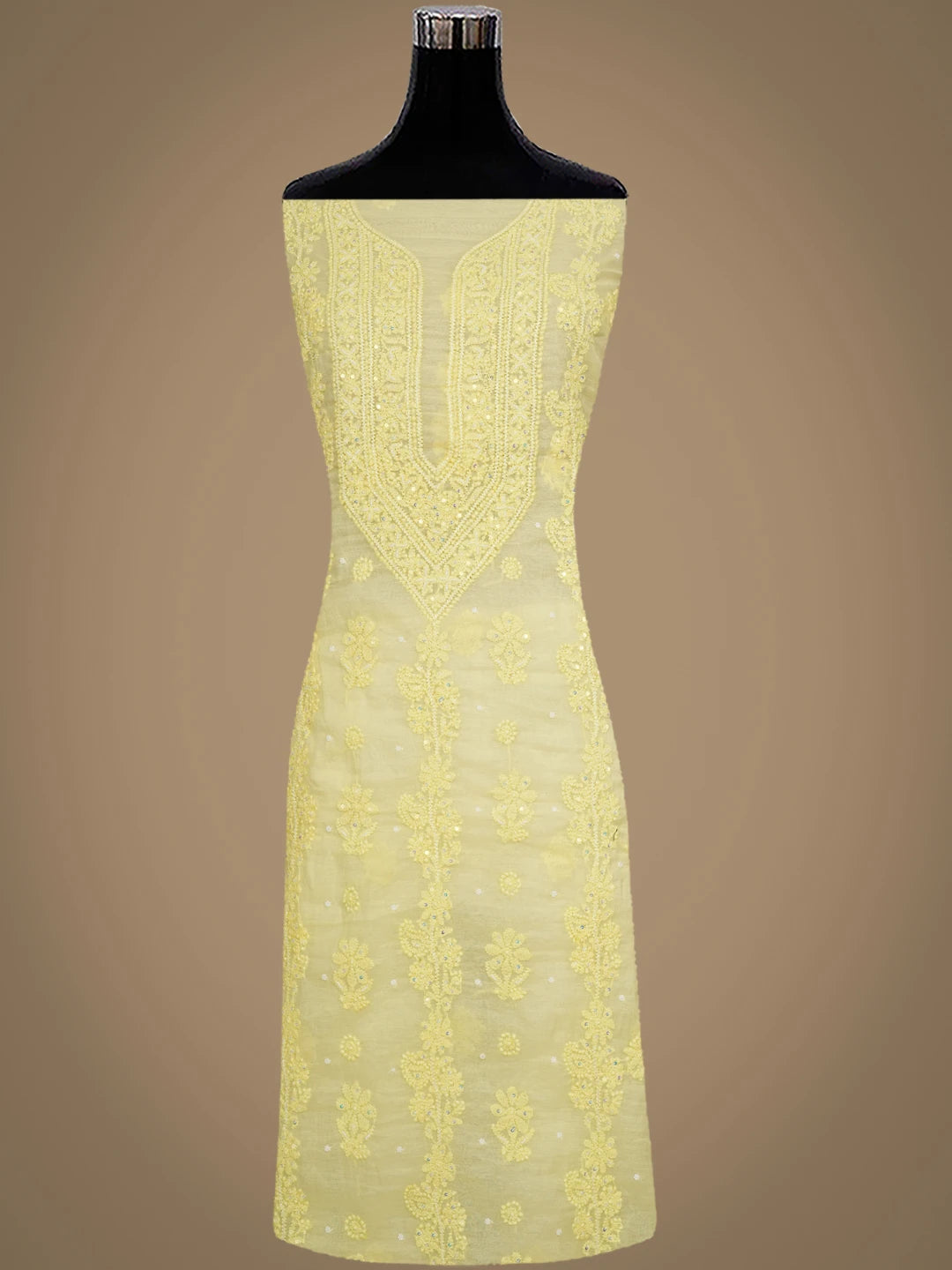 Ada Hand Embroidered Lemon Chanderi Lucknowi Chikankari Unstitched Kurta Dupatta Set With Pearl Work 01A922147