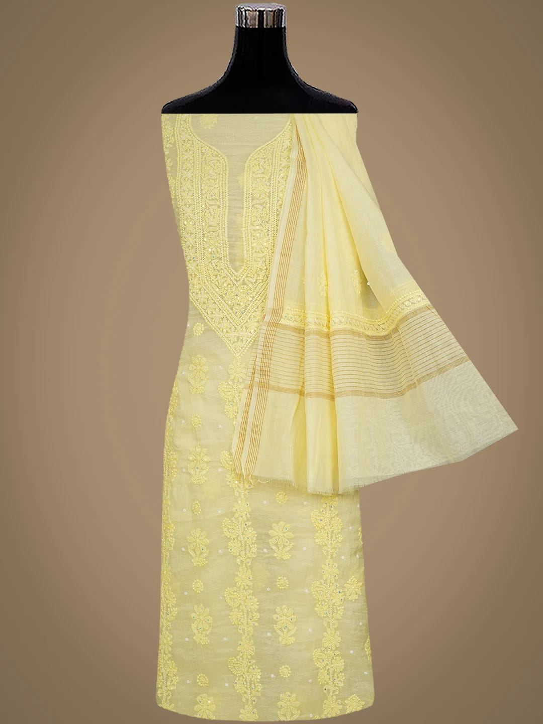 Ada Hand Embroidered Lemon Chanderi Lucknowi Chikankari Unstitched Kurta Dupatta Set With Pearl Work 01A922147