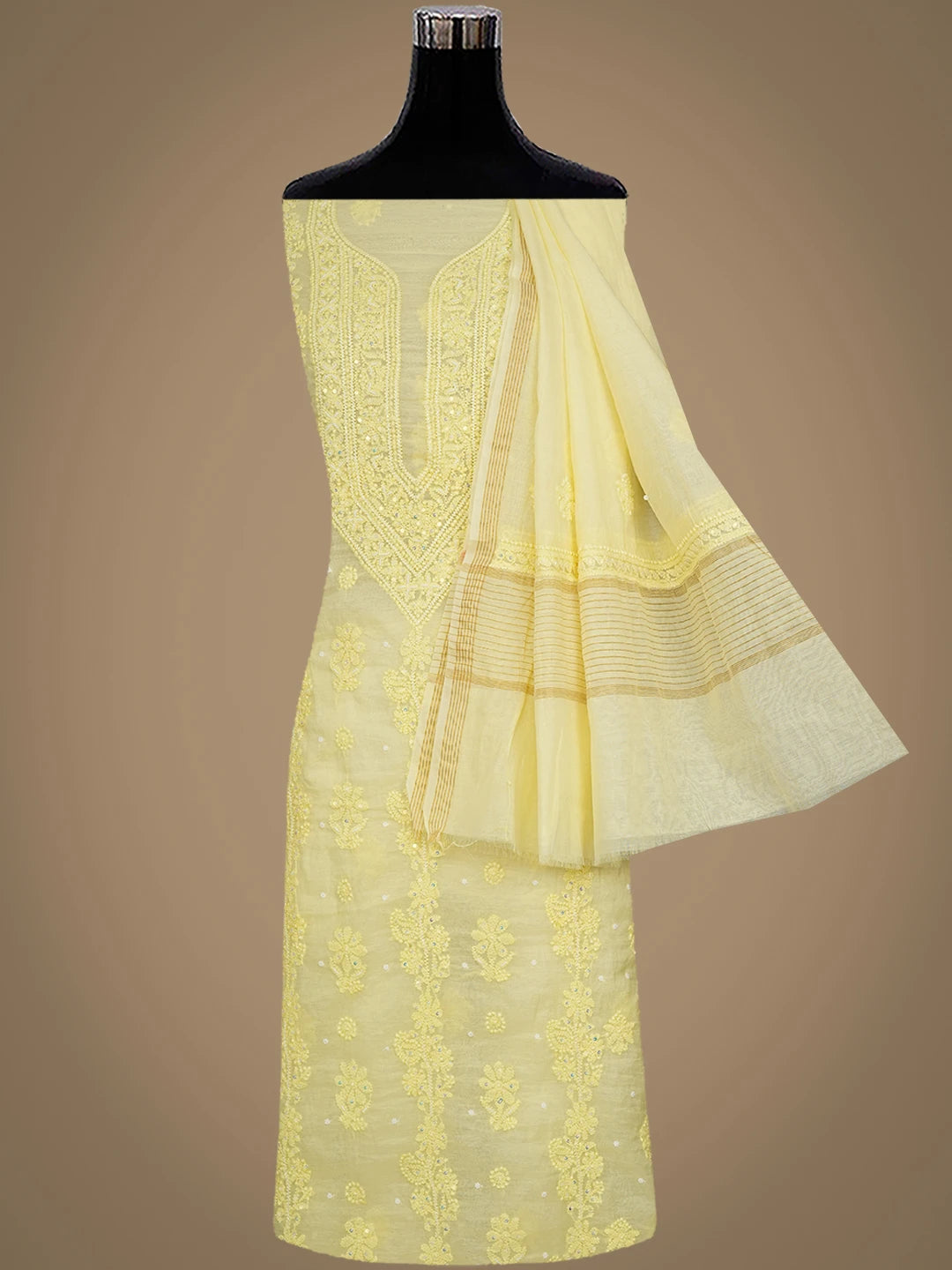 Ada Hand Embroidered Lemon Chanderi Lucknowi Chikankari Unstitched Kurta Dupatta Set With Pearl Work 01A922147