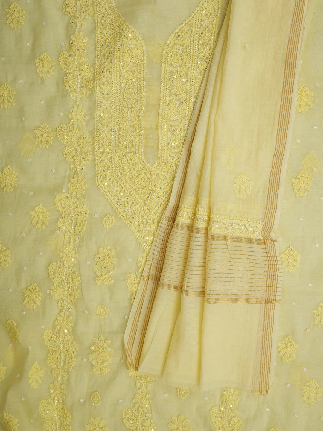 Ada Hand Embroidered Lemon Chanderi Lucknowi Chikankari Unstitched Kurta Dupatta Set With Pearl Work 01A922147