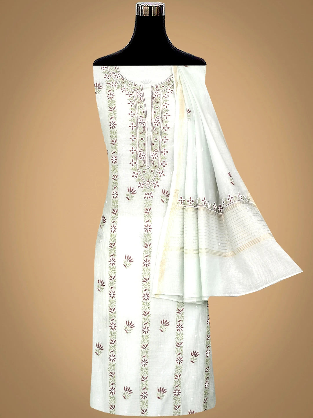 Ada Hand Embroidered Sea Green Chanderi Lucknowi Chikankari Unstitched Kurta Dupatta Set With Pearl Work 07A500785