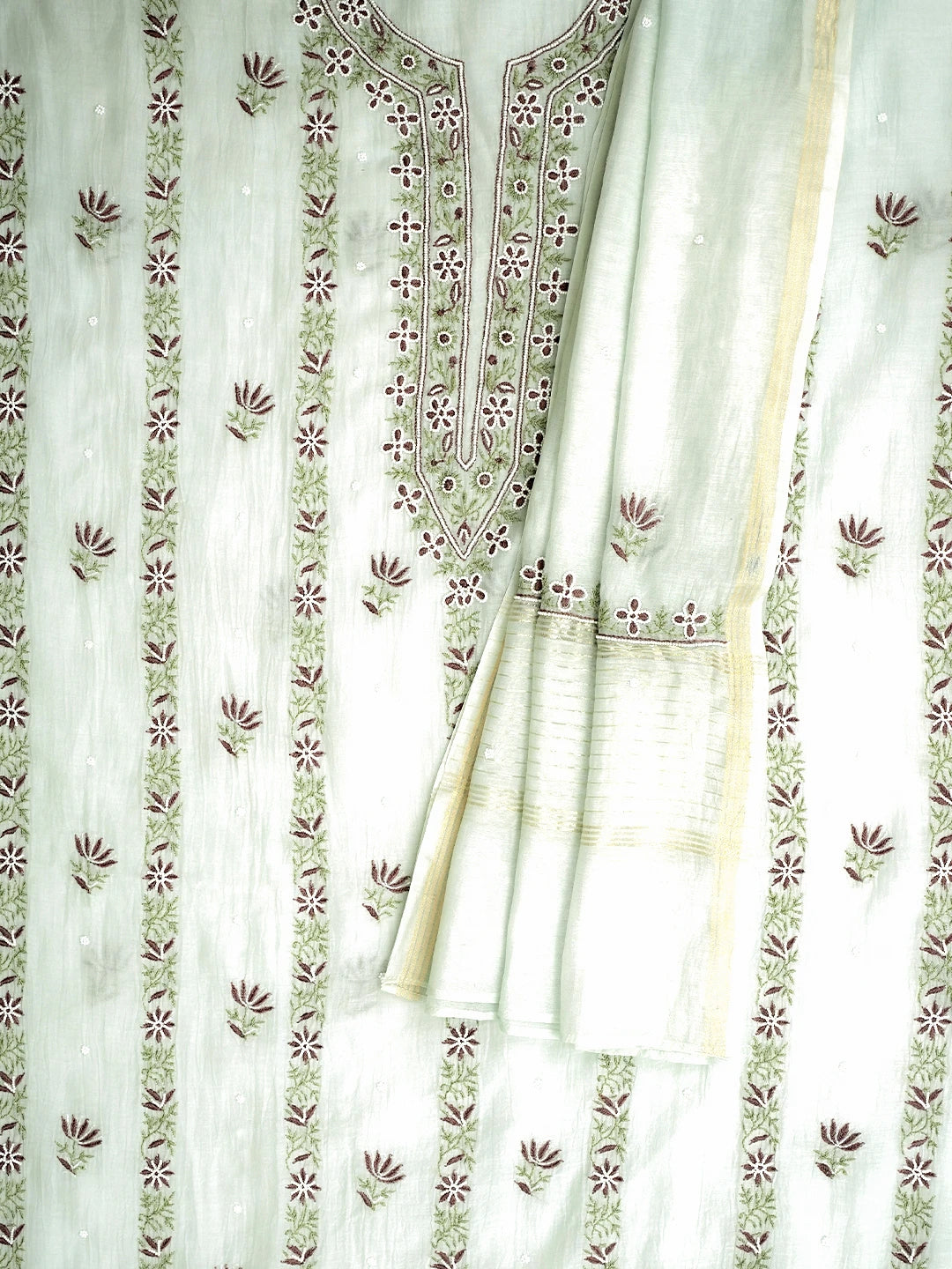Ada Hand Embroidered Sea Green Chanderi Lucknowi Chikankari Unstitched Kurta Dupatta Set With Pearl Work 07A500785