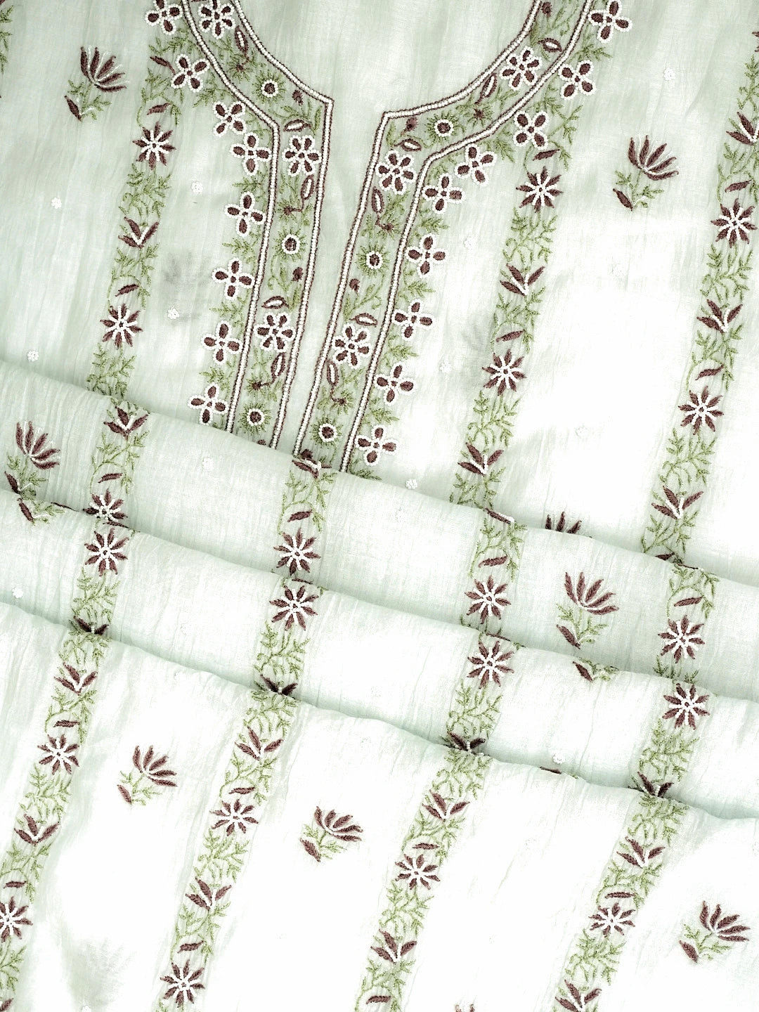 Ada Hand Embroidered Sea Green Chanderi Lucknowi Chikankari Unstitched Kurta Dupatta Set With Pearl Work 07A500785