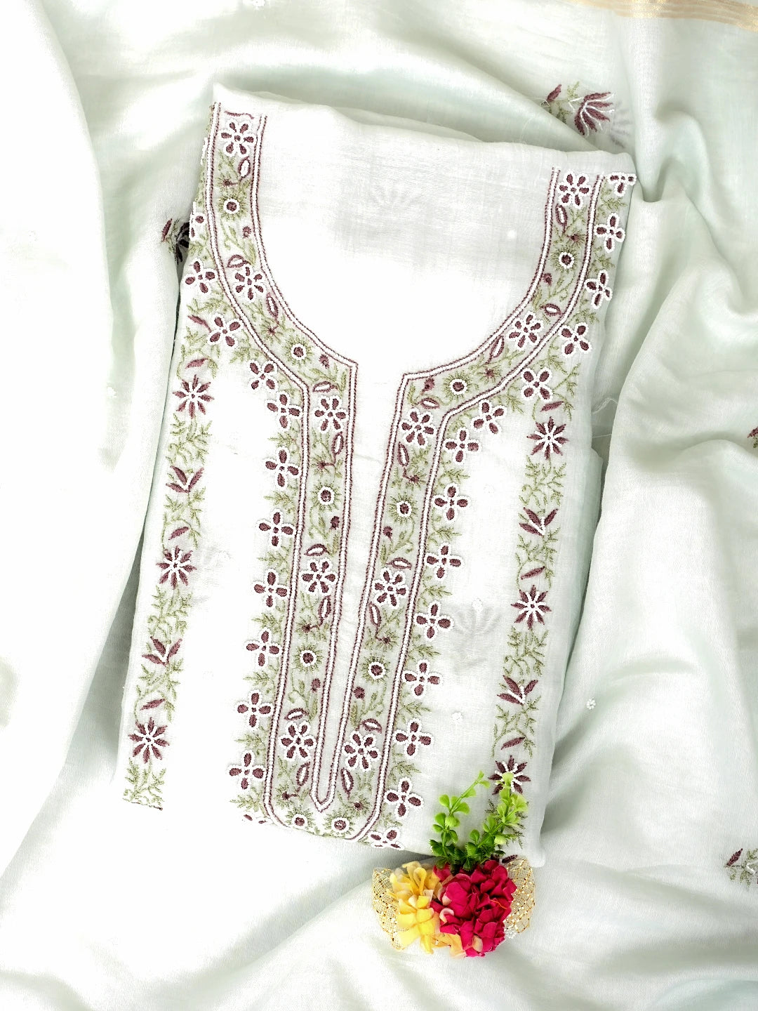Ada Hand Embroidered Sea Green Chanderi Lucknowi Chikankari Unstitched Kurta Dupatta Set With Pearl Work 07A500785