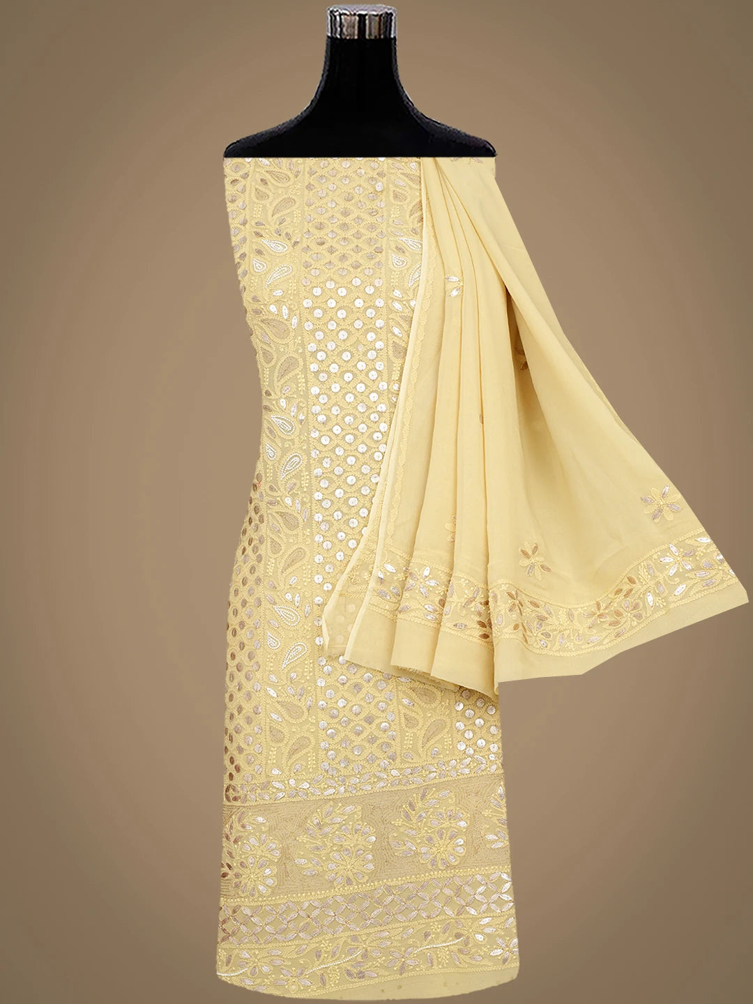 Ada Hand Embroidered Dusty Yellow Viscose Georgette Lucknowi Chikankari Unstitched Kurta Dupatta Set With Gota Patti Work 01A934104