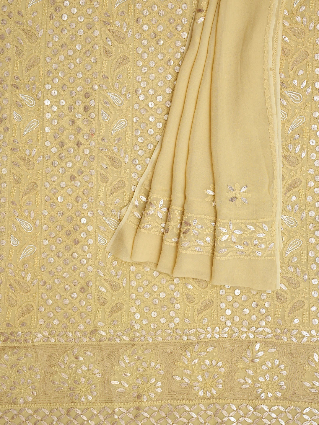 Ada Hand Embroidered Dusty Yellow Viscose Georgette Lucknowi Chikankari Unstitched Kurta Dupatta Set With Gota Patti Work 01A934104