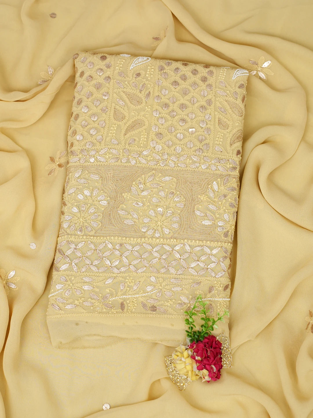 Ada Hand Embroidered Dusty Yellow Viscose Georgette Lucknowi Chikankari Unstitched Kurta Dupatta Set With Gota Patti Work 01A934104