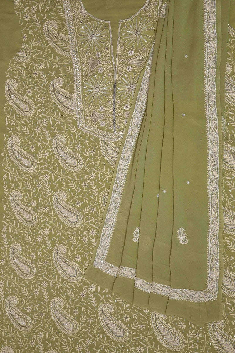 Ada Hand Embroidered Sage Green Pure Georgette Chikan Unstitched Kurta Dupatta Set with Sequinned Work - A511812