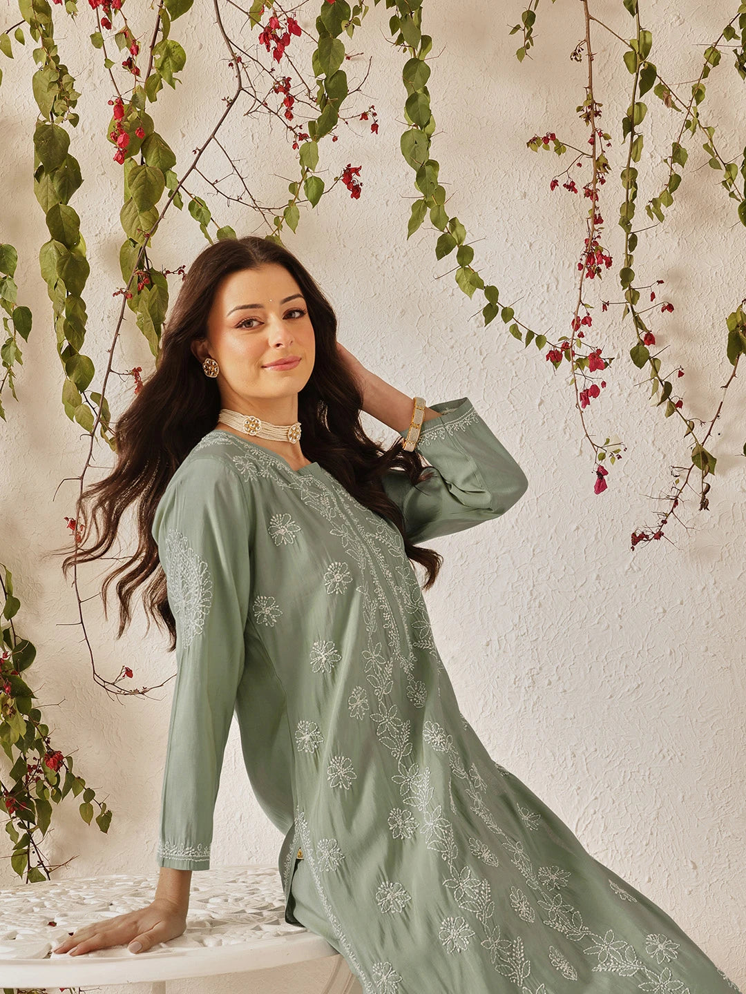 Ada Hand Embroidered Green Chanderi Lucknowi Chikankari Co-Ord Set A811382