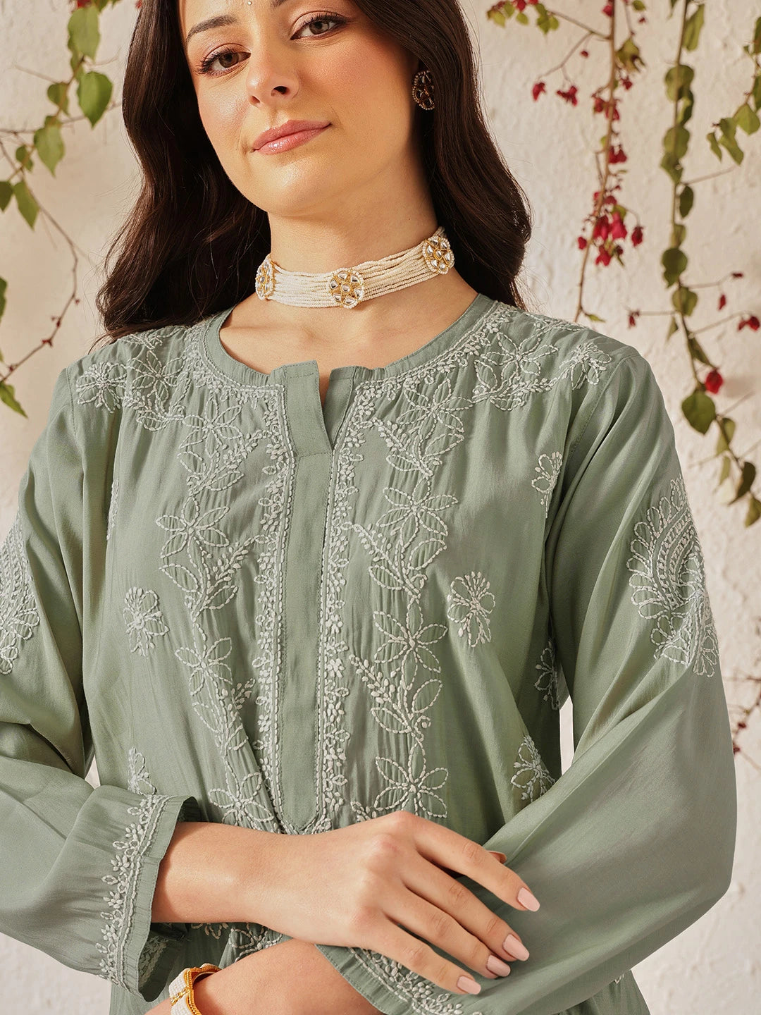 Ada Hand Embroidered Green Chanderi Lucknowi Chikankari Co-Ord Set A811382