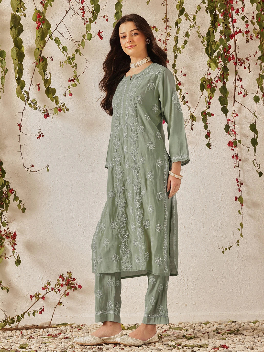 Ada Hand Embroidered Green Chanderi Lucknowi Chikankari Co-Ord Set A811382