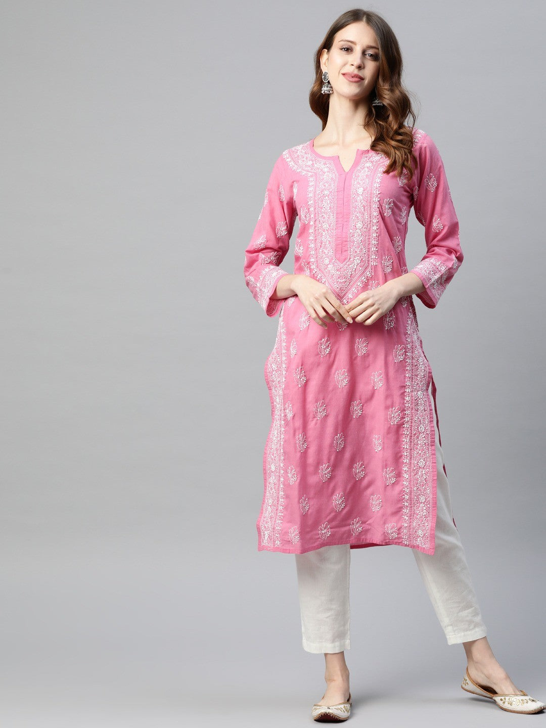Ada Hand Embroidered Pink Cotton Lucknow Chikan Kurta-A220767