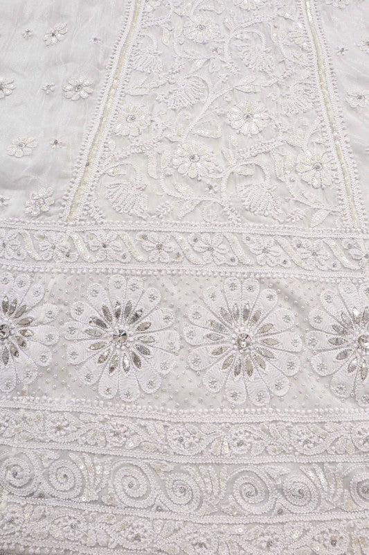 Ada Hand Embroidered White Georgette Lucknowi Chikankari Lehenga Set with Pearl Work A74224