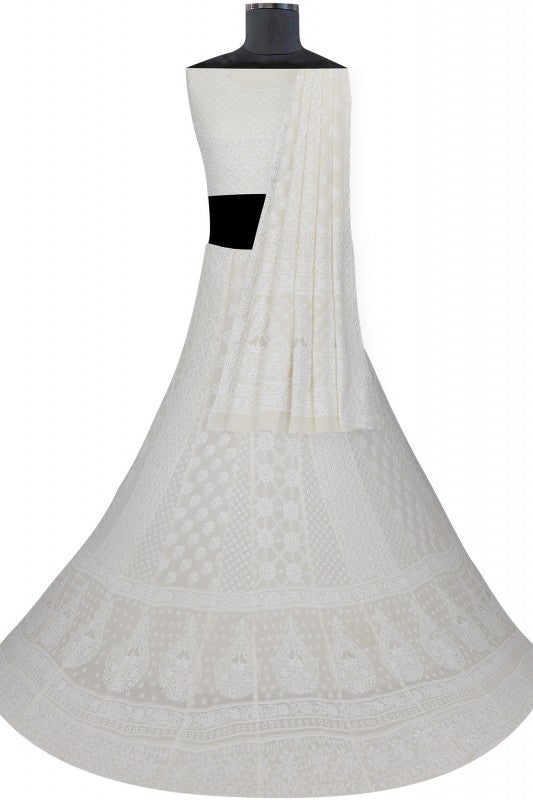 Ada Hand Embroidered White Pure Georgette Lucknowi Chikankari Lehenga Set A623411