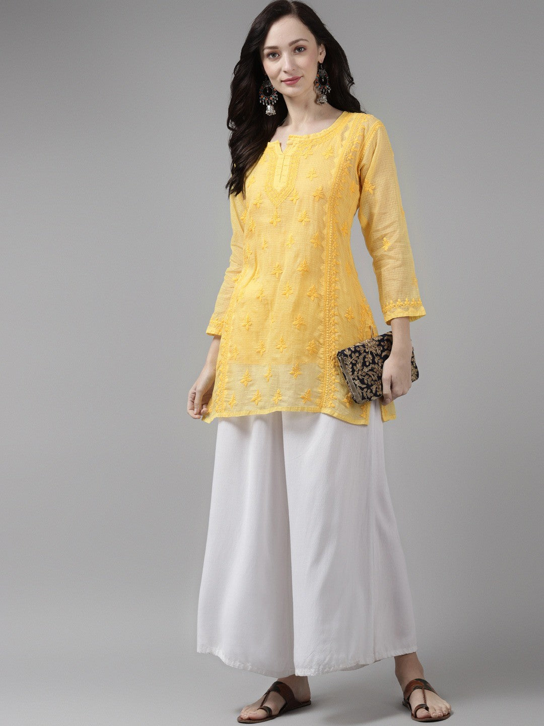 Ada Hand Embroidered Yellow Kota Lucknow Chikan Kurti With Slip A911158