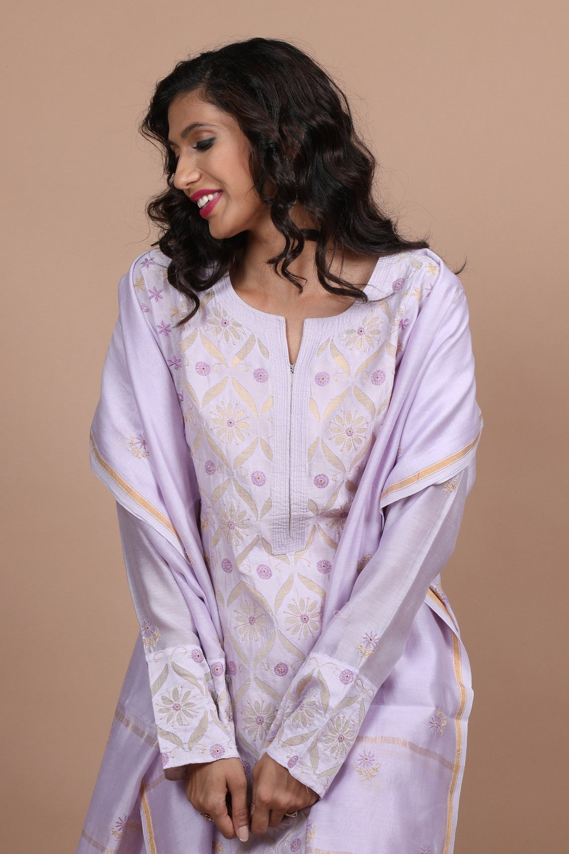 Ada Hand Embroidered Lilac Chanderi Lucknowi Chikankari Semi-stitched Kurta Dupatta Set 01A224141