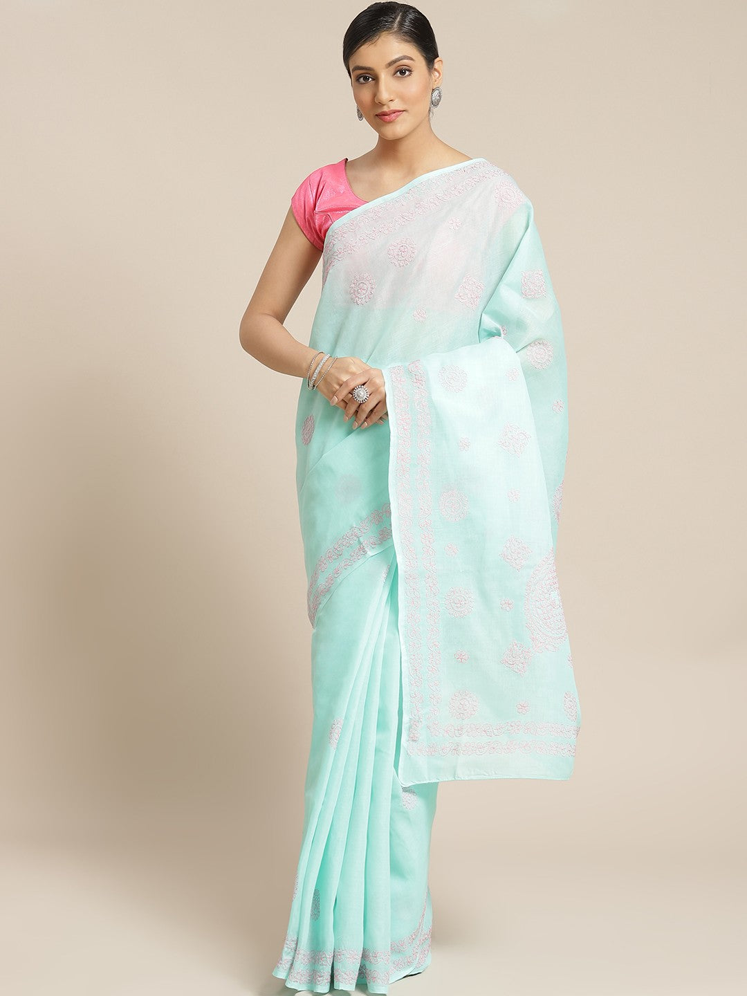 Ada Hand Embroidered Sea Green Cotton Lucknow Chikan Saree With Blouse A311141