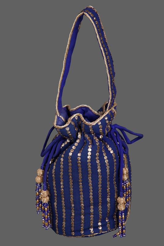 Ada Hand Embroidered Royal Blue Georgette Lucknowi Chikankari Potli Bag With Muqaish Work 01A125330