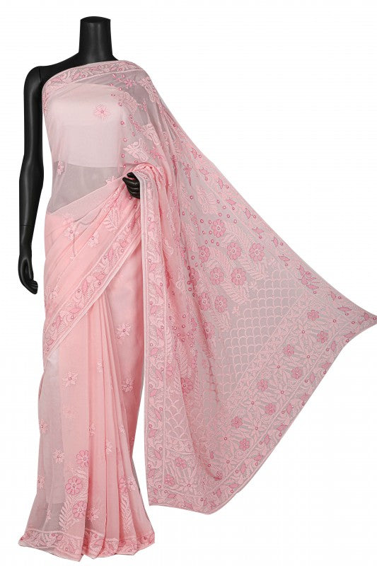 Ada Hand Embroidered Baby Pink Georgette Lucknowi Chikankari Saree With Blouse A610318