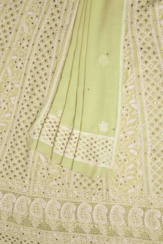Ada Hand Embroidered Lemon Pure Georgette Lucknowi Chikan Semi-Stitched Anarkali Kurta Dupatta Set With Muqaish Work-A328561