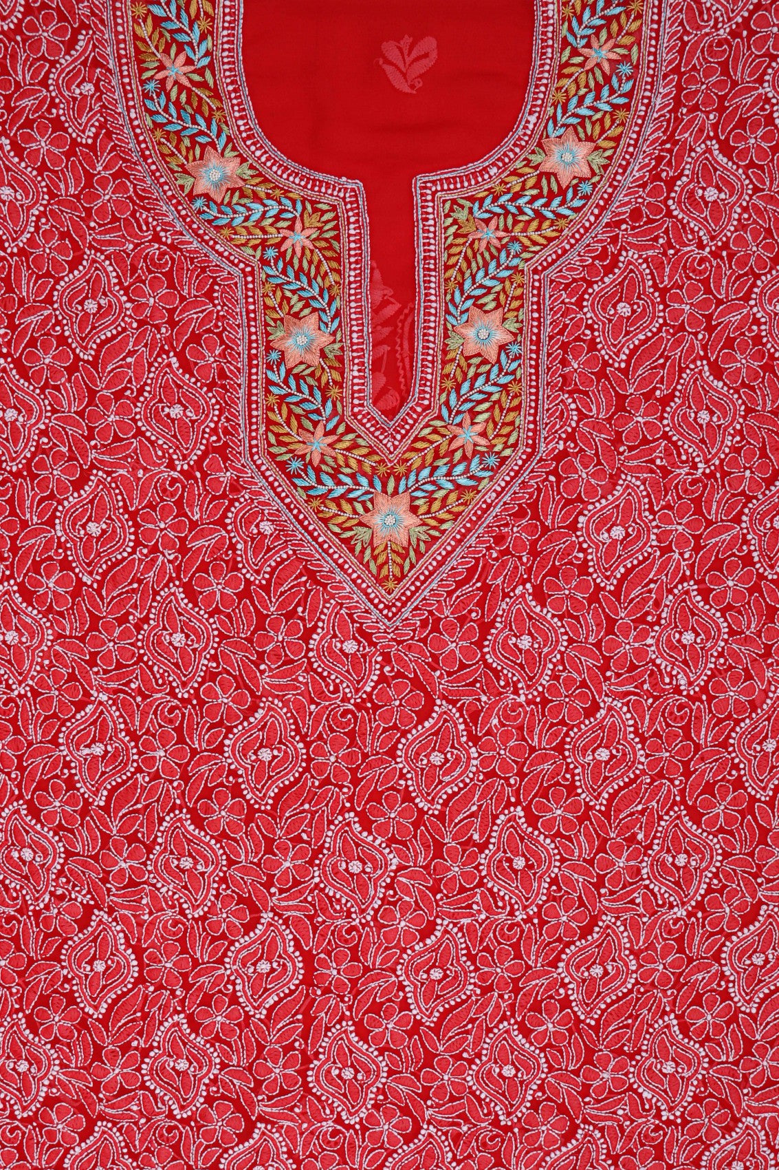 Ada Hand Embroidered Red Georgette Lucknowi Chikankari Unstitched Suit Piece With Pearl Work 01A146081