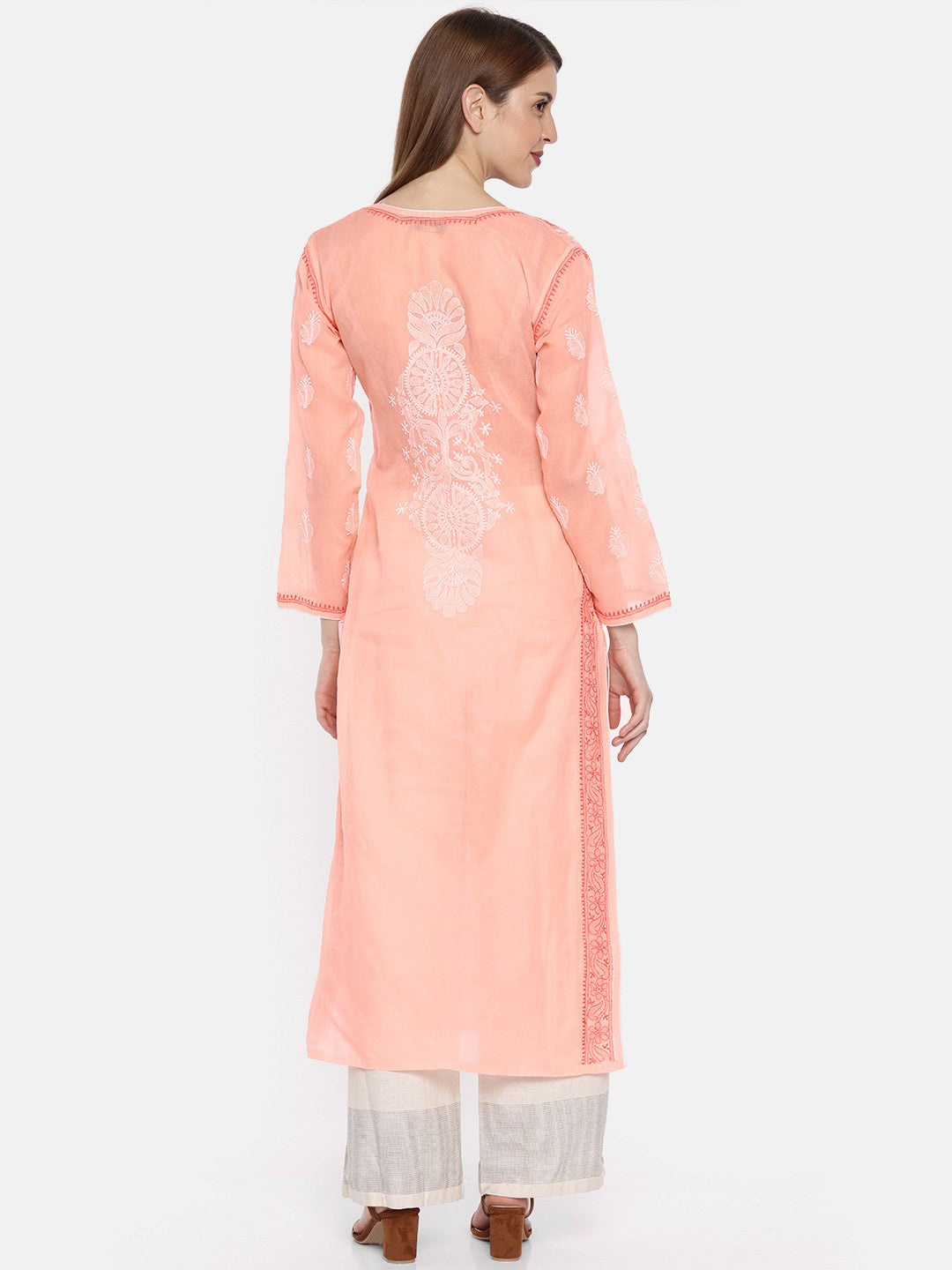 Ada Hand Embroidered Peach Cotton Lucknowi Chikankari Straight Kurta A230781