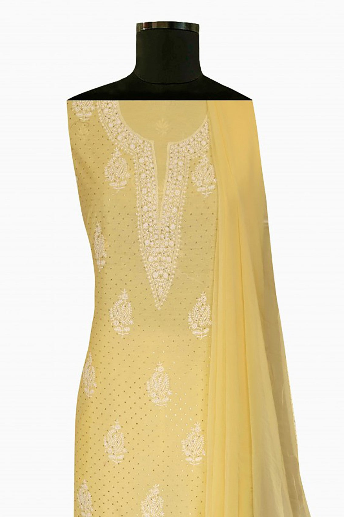 Ada Hand Embroidered Lemon Chanderi Lucknowi Chikankari Unstitched Suit Piece With Muqaish Work 01A86279