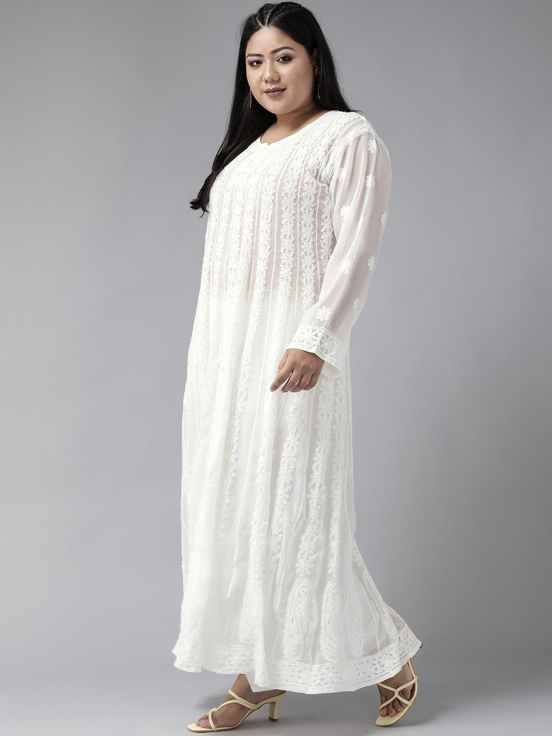 Ada Hand Embroidered White Georgette Lucknow Chikankari Anarkali A-Line Kurta A100300