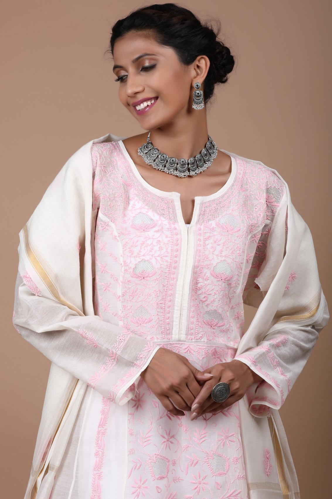 Ada Hand Embroidered Cream Chanderi Lucknowi Chikankari Semi-Stitched Anarkali Kurta Dupatta Set With Zari Work 01A268032