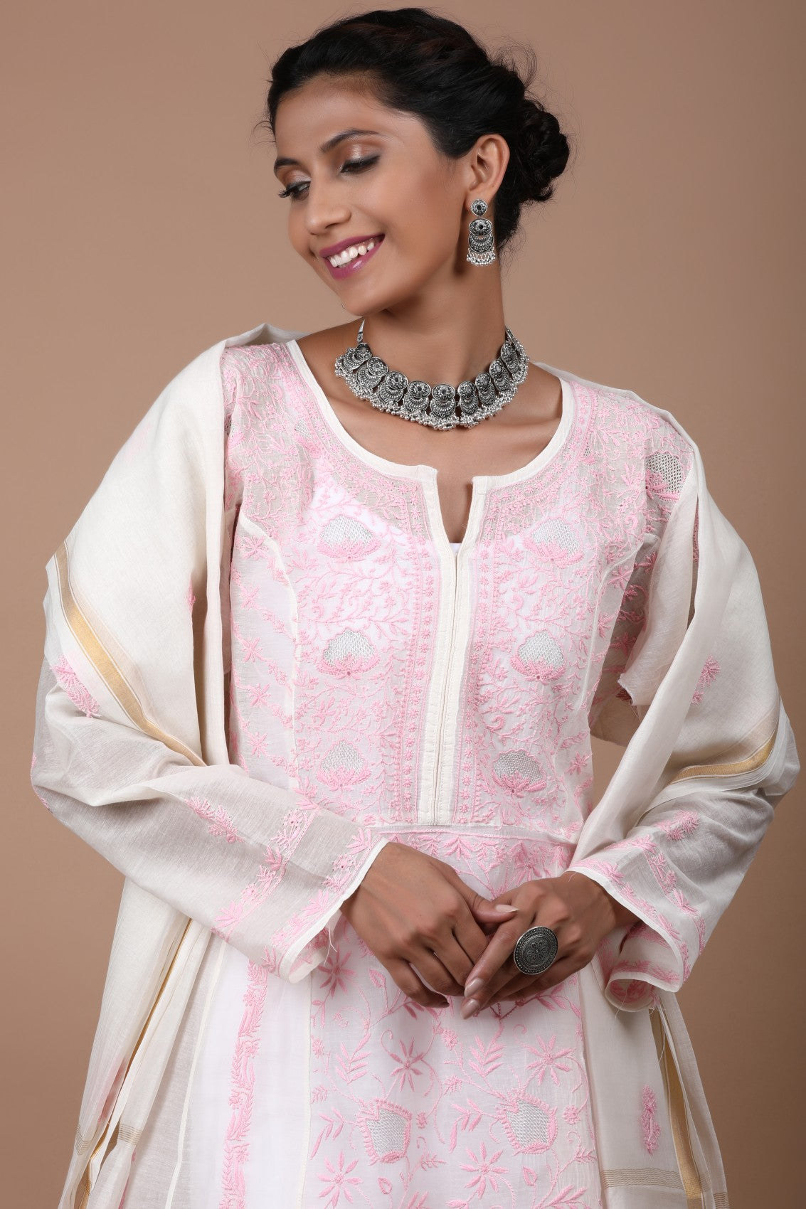 Ada Hand Embroidered Cream Chanderi Lucknowi Chikankari Semi-Stitched Anarkali Kurta Dupatta Set With Zari Work 01A268032