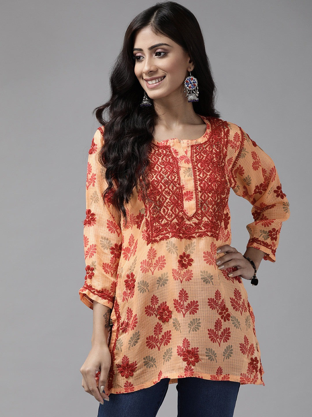 ADA Hand Embroidered Peach Kota Lucknowi Chikankari Kurti A911141