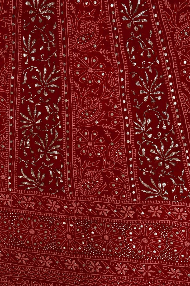 Ada Hand Embroidered Maroon Pure Georgette Lucknowi Chikankari Semi-stitched Anarkali Kurta Dupatta Set With Muqaish Work-A617645