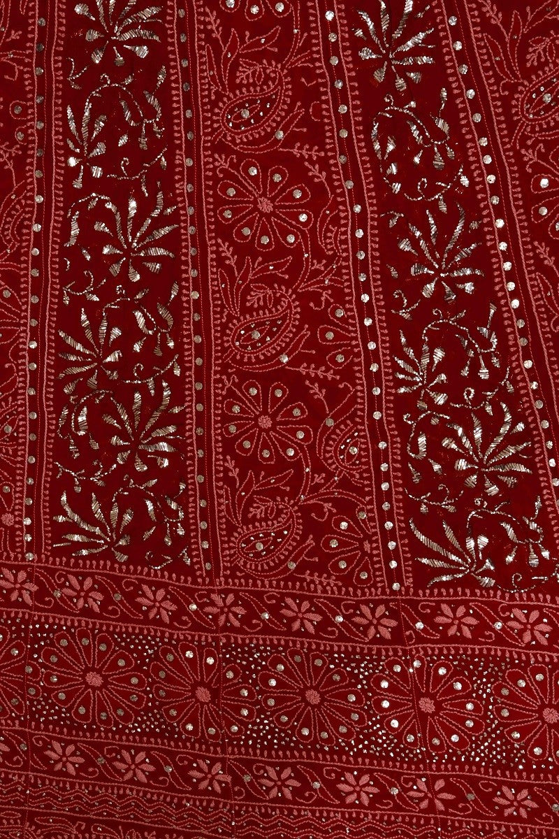 Ada Hand Embroidered Maroon Pure Georgette Lucknowi Chikankari Semi-stitched Anarkali Kurta Dupatta Set With Muqaish Work-A617645