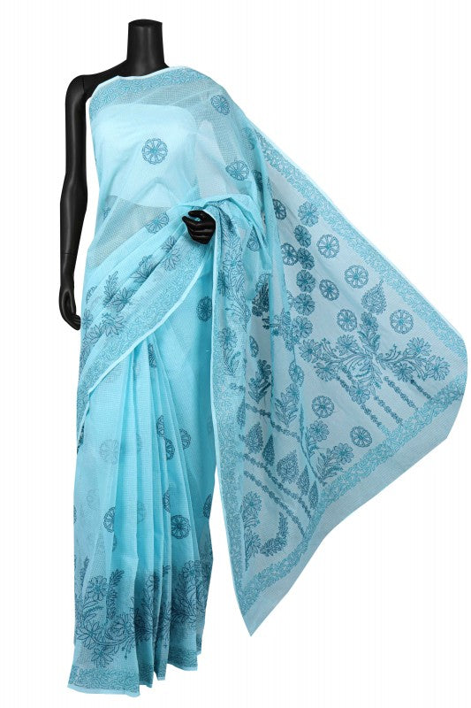 Ada Hand Embroidered Blue Kota Lucknowi Chikankari Saree With Blouse A607032