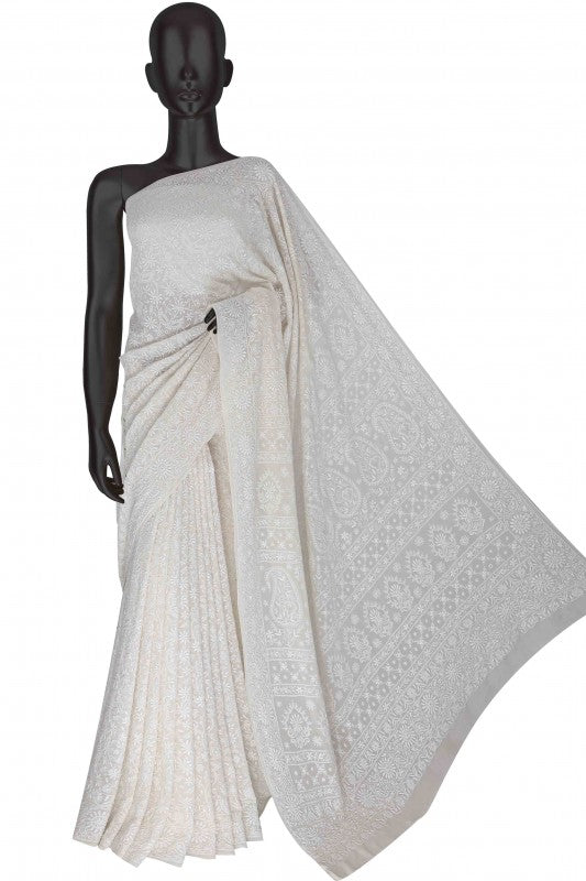 Ada Hand Embroidered White Pure Georgette Lucknow Chikankari Saree with Blouse A611791