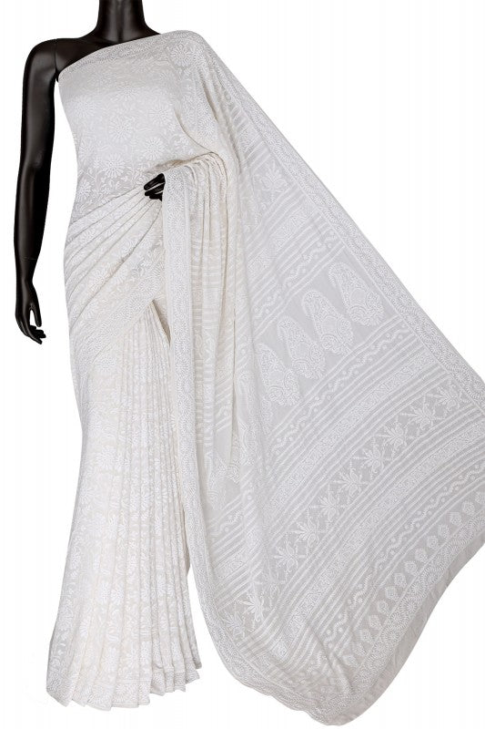 Ada Hand Embroidered White Pure Georgette Lucknowi Chikankari Saree  A456833
