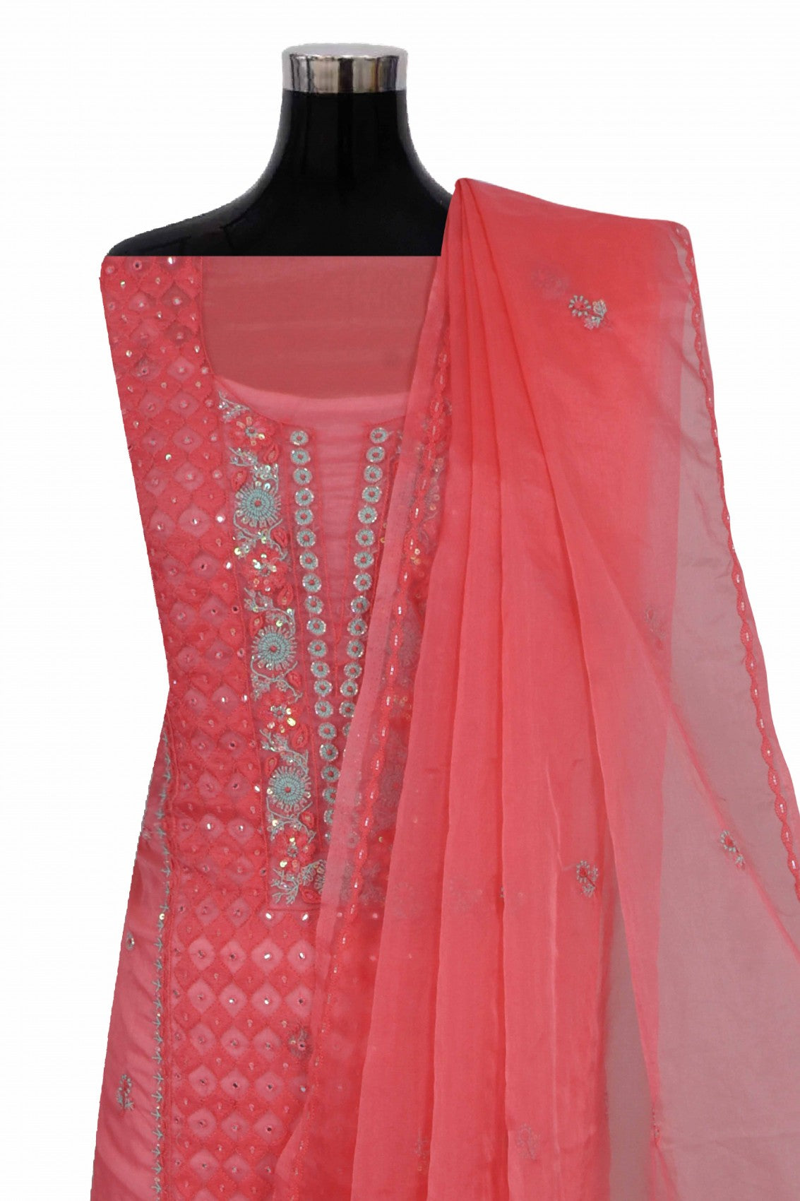 Ada Hand Embroidered Carrot Pink Organza Lucknowi Chikankari Unstitched Kurta Dupatta Set With Cutdana Work 01A121931