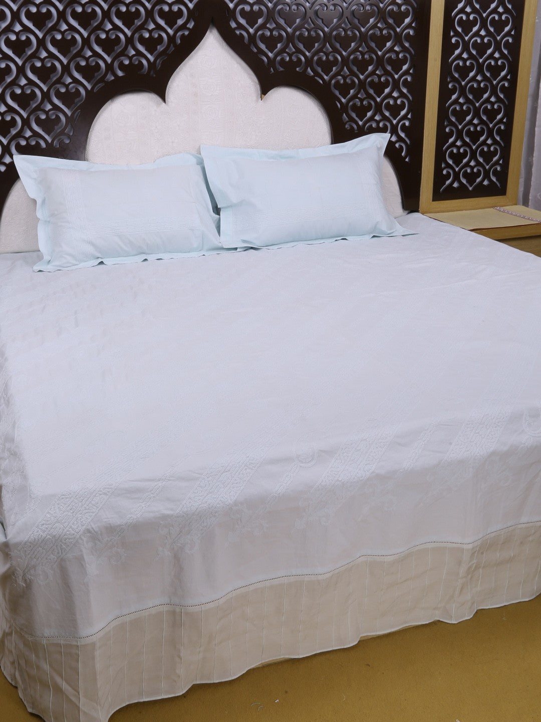 Ada Hand Embroidered Icy Blue Cotton Lucknowi Chikankari Bed Sheet Set A49703