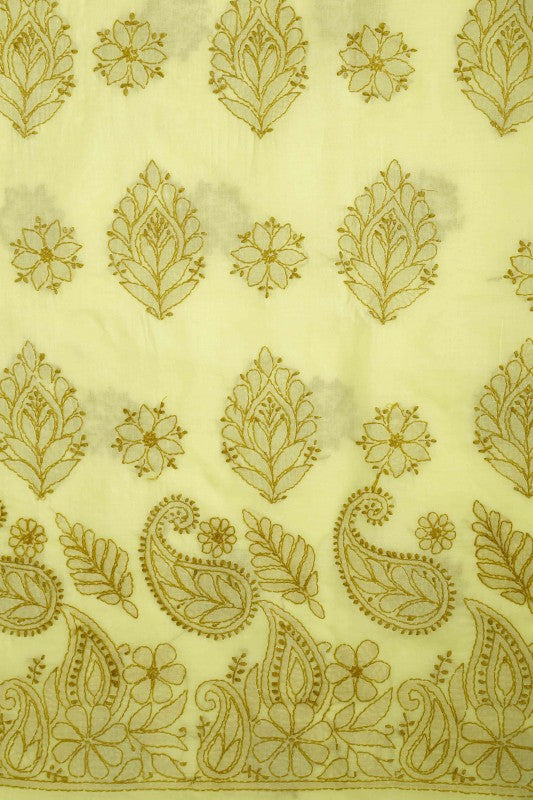 Ada Hand Embroidered Lemon Cotton Lucknowi Chikan Unstitched Suit Piece A211125