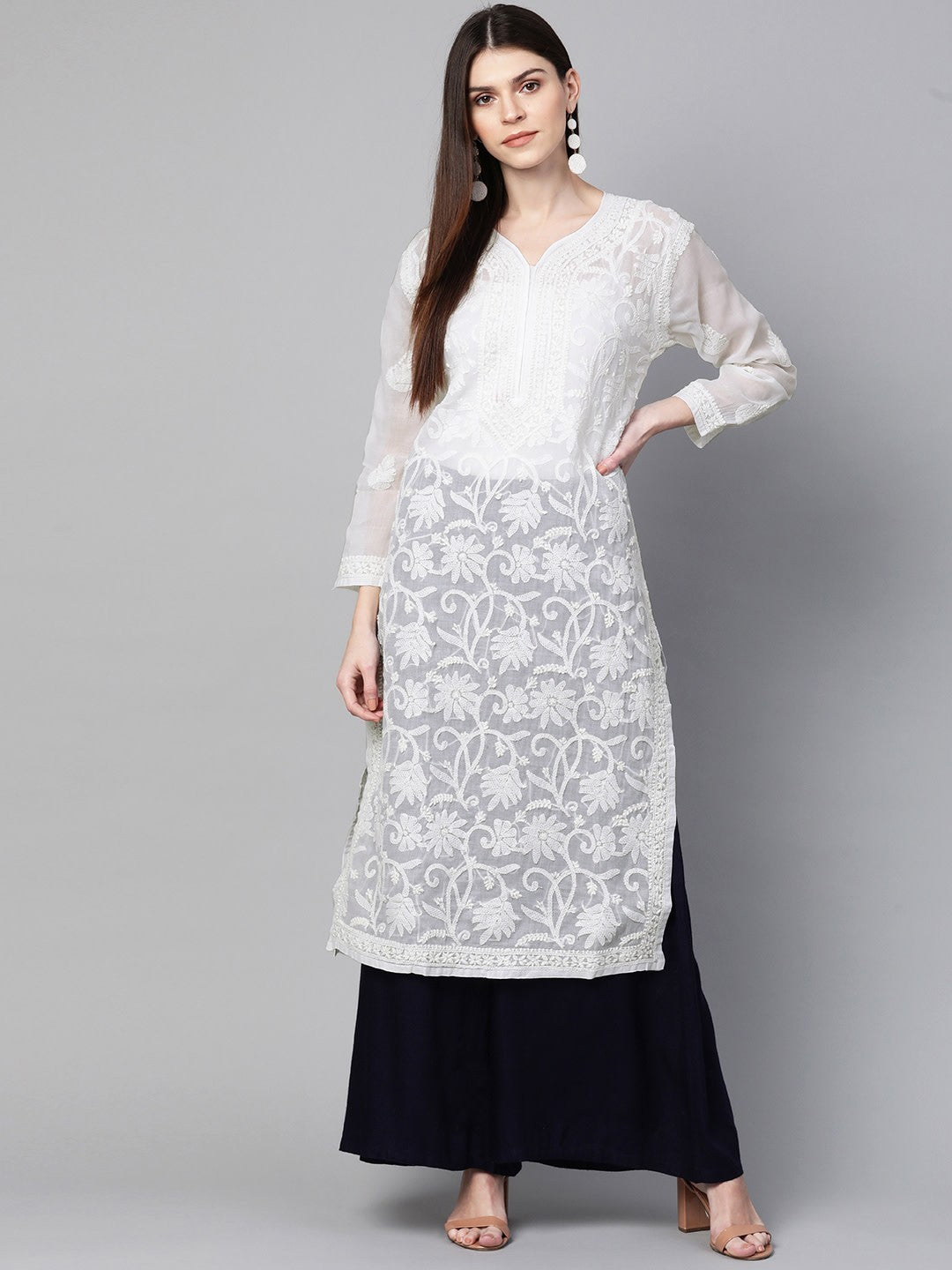 Ada Hand Embroidered White Cotton Lucknow Chikankari Straight Kurta-A100423