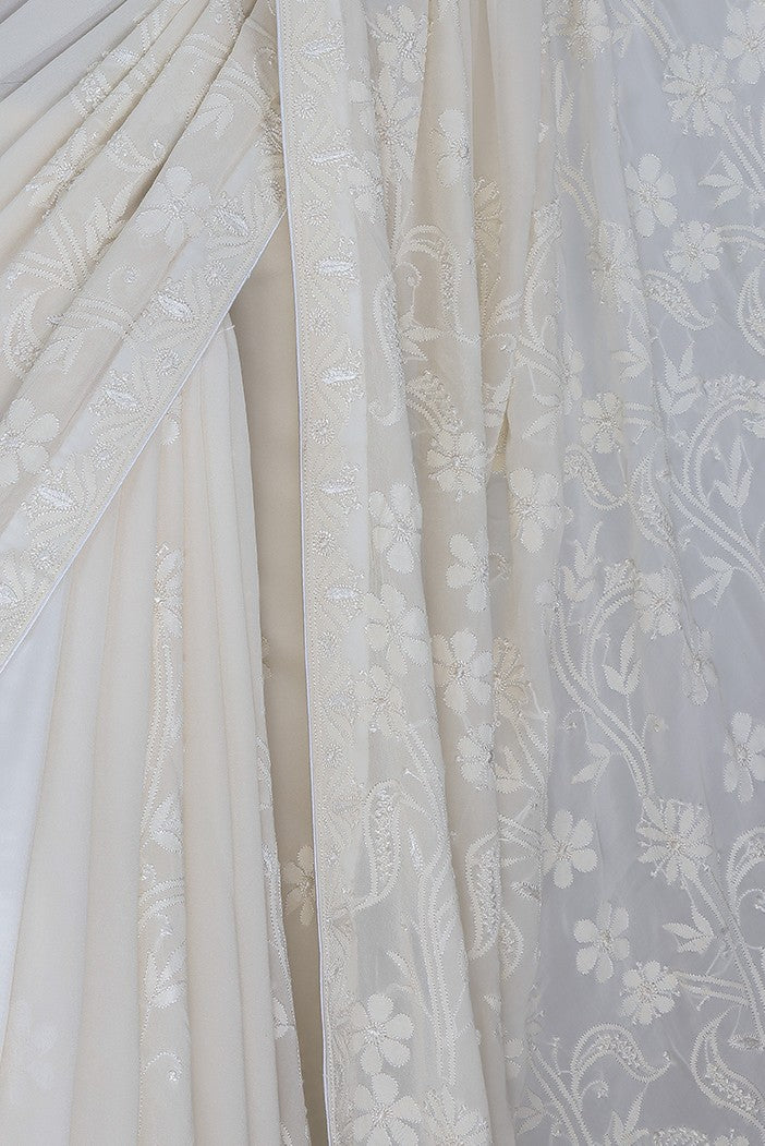 Ada Hand Embroidered White Pure Georgette Lucknowi Chikankari Saree With Blouse A393535