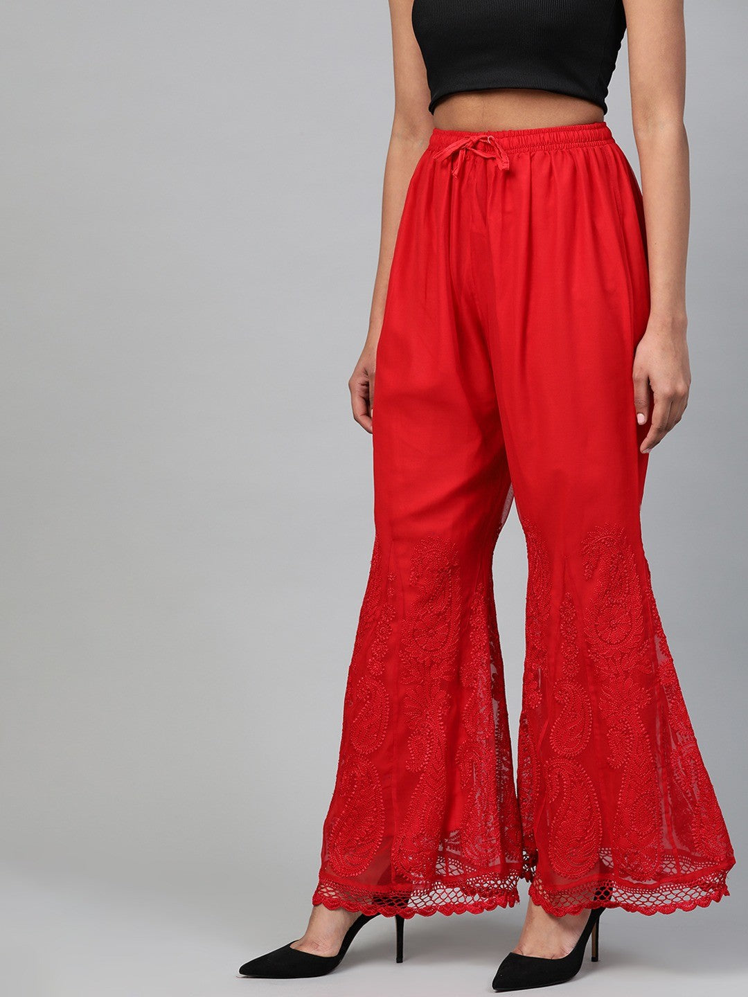 Ada Hand Embroidered Red Georgette Lucknowi Chikankari Plazzo A711122