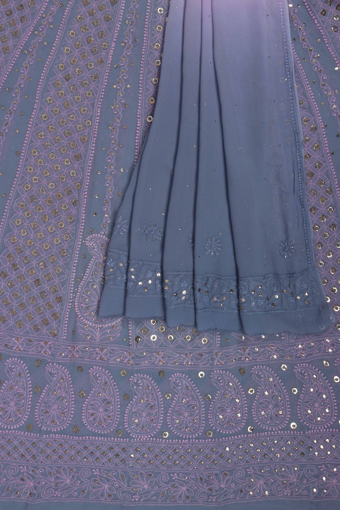 Ada Hand Embroidered Grey Georgette Lucknowi Chikankari Semi-Stitched Anarkali Kurta Dupatta Set With Muqaish Work A584097
