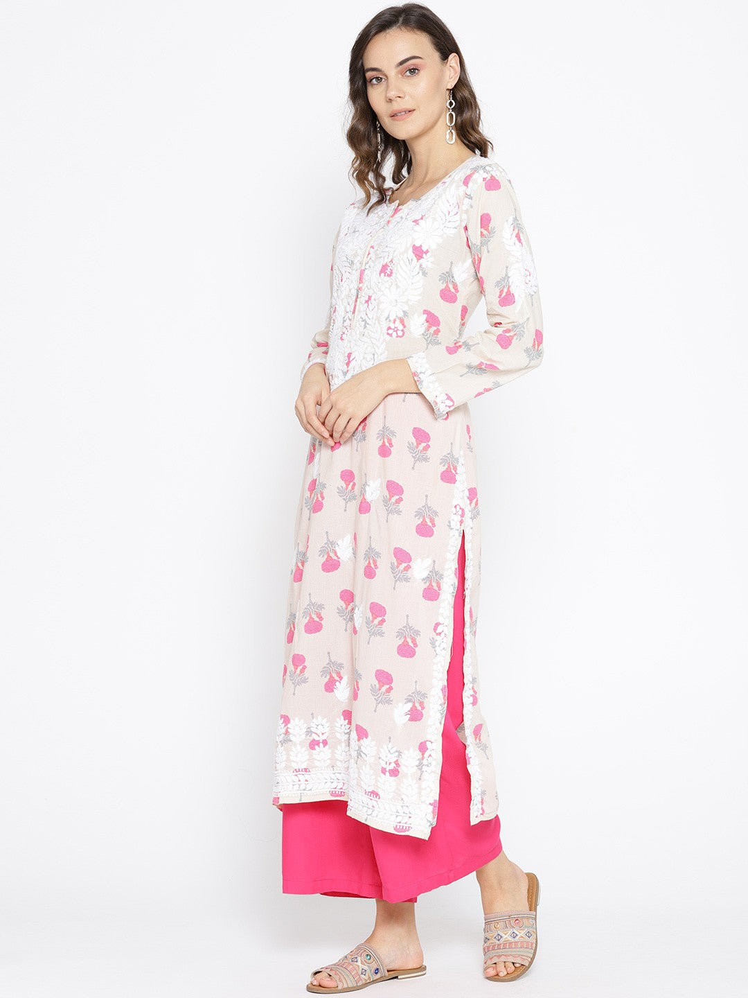 Ada Hand Embroidered Fawn Pink Cotton Lucknow Chikankari Straight Kurta- A100033