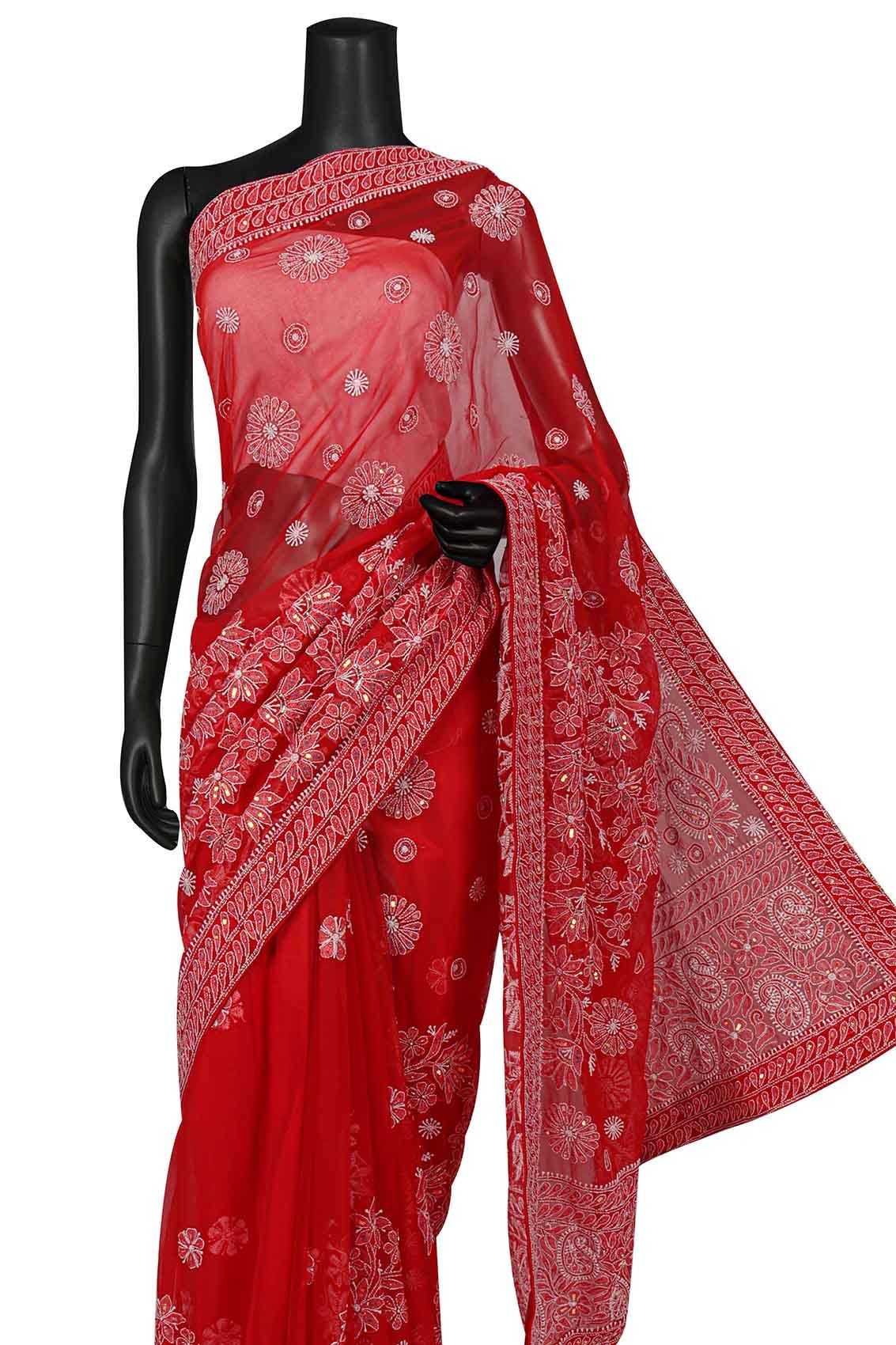 Ada Hand Embroidered Red Georgette Lucknowi Chikankari Saree/Blouse With Sequinned Work 01A137051