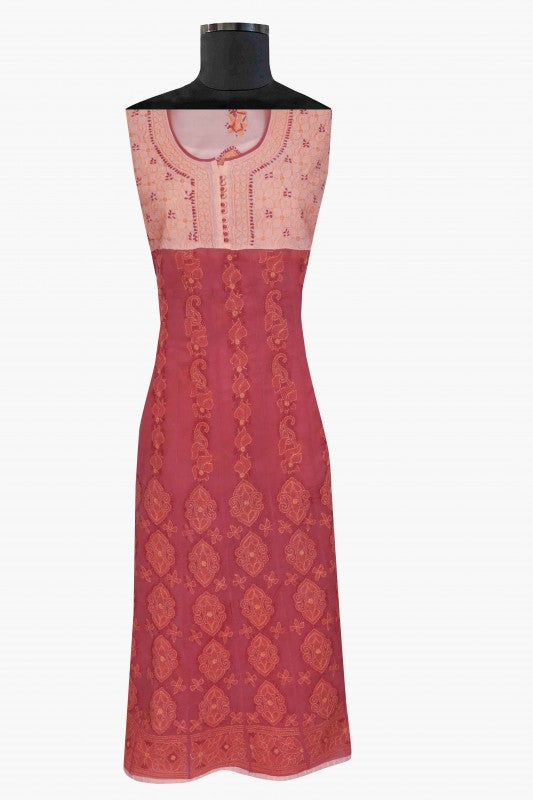 Ada Hand Embroidered Peach/Blush Red Cotton Lucknowi Chikan Unstitched Suit Piece A609640